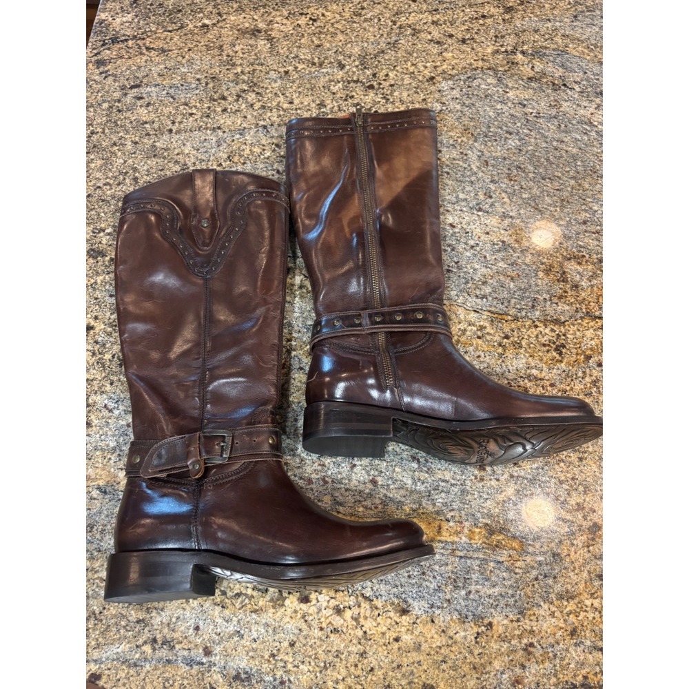 Rio Grande Dark Brown Leather Tall Western Harness Boots Studded Mex 25 / US 8